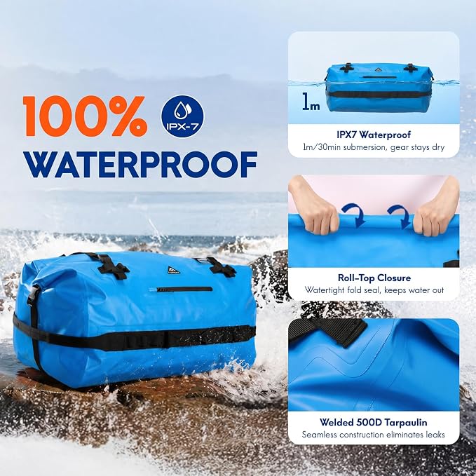 Haimont IPX7 Waterproof Roll-Top Dry Duffel Backpack | 60L/90L Sizes, 500D Tarpaulin, Welded Seams, Mesh Pockets, Boating & Kayaking