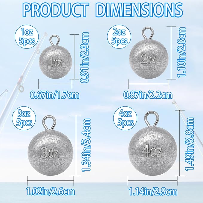 5 Pcs Fishing Round Sinker Cannonball Lead Weights Assortment Egg Drop Bass Weights Saltwater Freshwater Casting 1-5oz