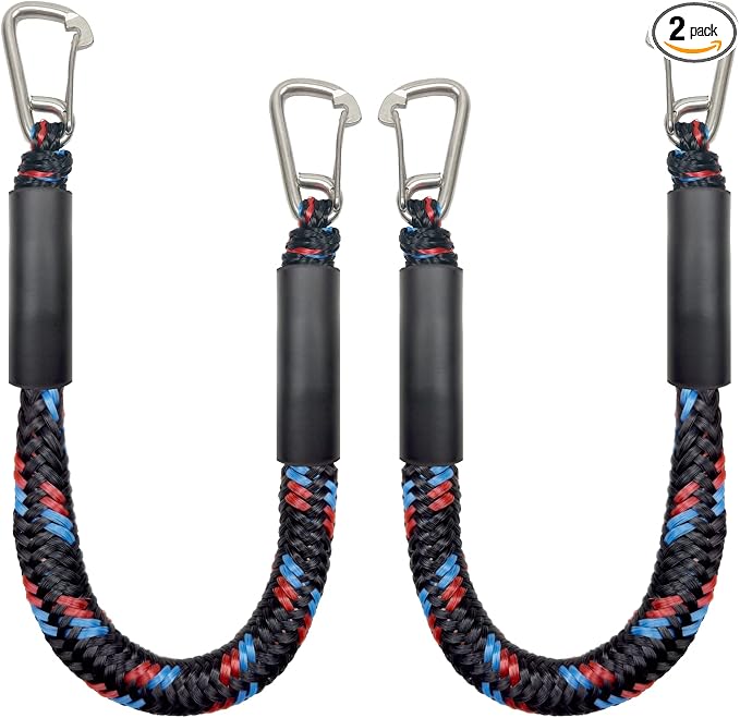 Bungee Dock Line Ropes for Mooring With 2 Stainless Steel Clip Accessories - Built-in Snubber for PWC, Kayak, Watercraft, SeaDoo, Jet Ski, Pontoon, Canoe, Power Boat - 2-Pack
