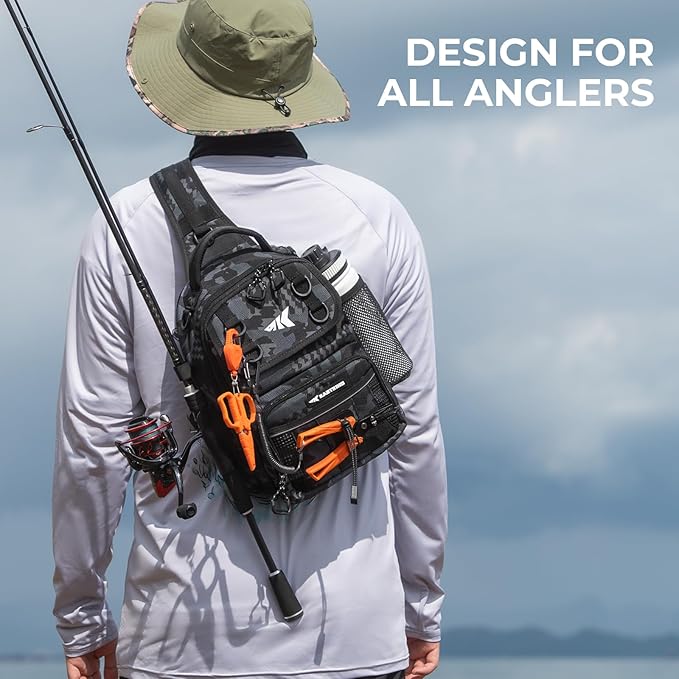 KastKing BaitSpace Fishing Sling Bag, Fishing Backpack with Rod & Beverage Holder, Tackle Bag for Fishing Gear