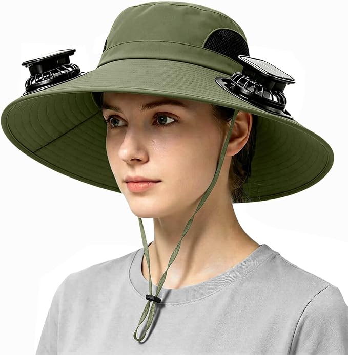 Solar Powered Fan Hat for Men Women Wide Brim Hat with 2 Fans UPF 50+ Outdoor Fishing Beach Sun Hat