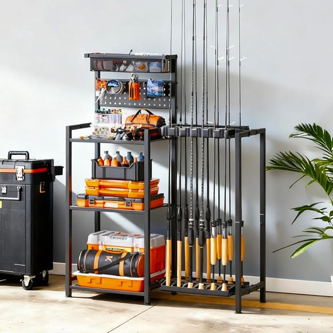 Fishing Rod Holders for Garage, Fishing Pole Holder with 3 Tier shelf, Heavy Duty Fishing Pole Rack with Pegboard & Basket, Fishing Rod Rack Hold up to 12 Fishing Rods, Ideal Fishing Gifts, Black
