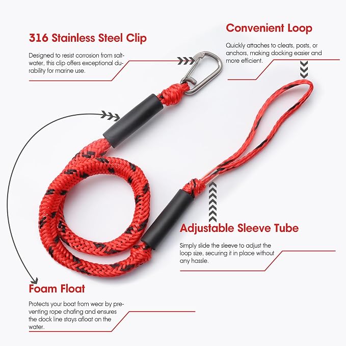 4 Feet Bungee Dock Line with Stainless Steel Clip & Foam Float 2pcs, Mooring Rope for Docking with Built-in Snubber, Ideal Boat Accessories for PWC, Jet Ski, SeaDoo, Kayak, Pontoon, Canoe