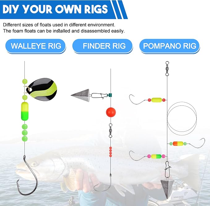 165pcs Pompano Rig Kit, Foam Snell Floats and Beads Surf Fishing Live Bait Walleye Rig Making Accessories or Trout Catfish Walleye