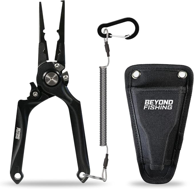 Beyond Fishing Pro Aluminum Series 8 Inch Multifunction Fishing Pliers, Saltwater Resistant Fishing Gear, Tungsten Carbide Cutters, Corrosion Resistant Teflon Coating with Sheath