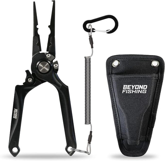 Beyond Fishing Pro Aluminum Series 8 Inch Multifunction Fishing Pliers, Saltwater Resistant Fishing Gear, Tungsten Carbide Cutters, Corrosion Resistant Teflon Coating with Sheath