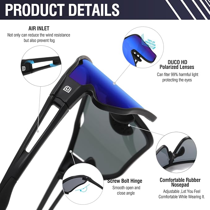 DUCO Polarized Sports Sunglasses for Men Women: UV400 Protection 24g Wrap Around Glasses for Baseball Running Hiking DC0023