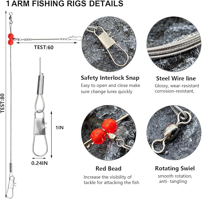 YOTO Fishing Leaders,Stainless Steel Tackle Rig with Tackle Lure Swivels Snaps, Saltwater rig Wire Leader Fishing Leader Wire Bottom rigs for Saltwater