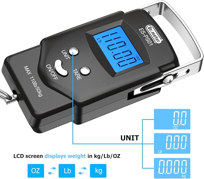 Dr.meter Fish Scale Luggage Scale Fishing Gear - 110lb Backlit LCD Display Digital Scale with Built-in Measuring Tape - Fishing Scale with 2 AAA Batteries, Pocket Size - Fishing Gifts for Men