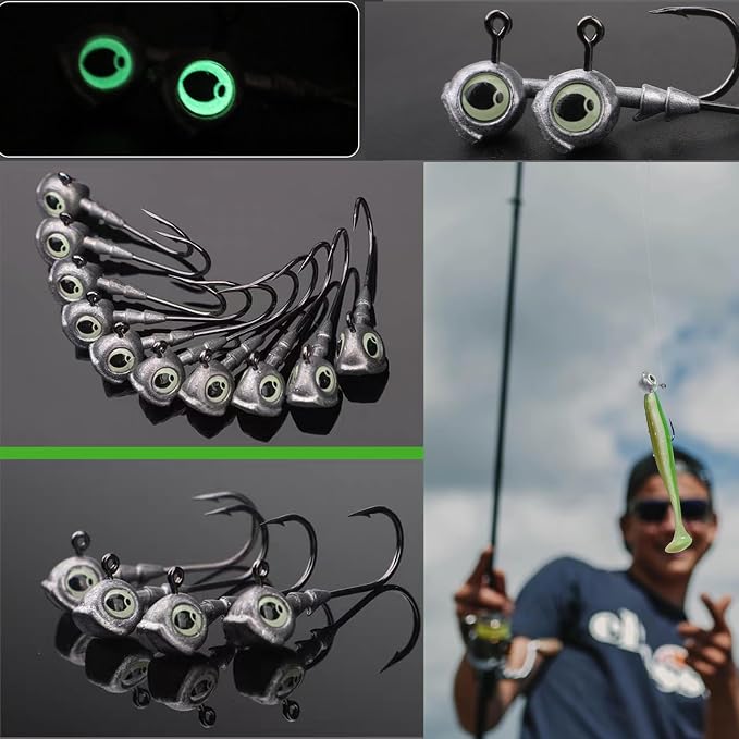 50Pcs/Box Swimbait Jig Heads Fishing Hooks with 3D Eye，4 Sizes（1/4oz.3/8oz,1/5oz. 1/8oz Mixed，Automatic stabilization Head Design/Luminous,Bass Freshwater&Saltwater