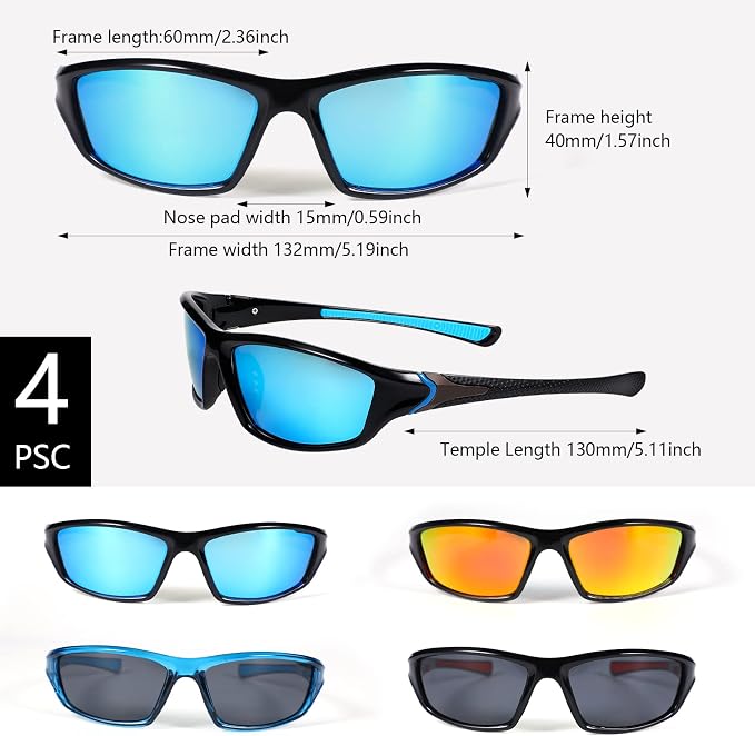 TOODOO 4 Pairs Men Polarized Sunglasses with UV Protection Driving Glasses Sports for Sport Outdoor Activities