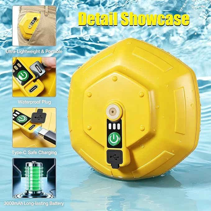 IPX7 Floating Rechargeable Bait Aerator, Portable Oxygen Pump for Live Minnow Bucket & Fish Tank, Ultra-Quiet Waterproof Bubbler for Fishing Trips & Bait Transportation