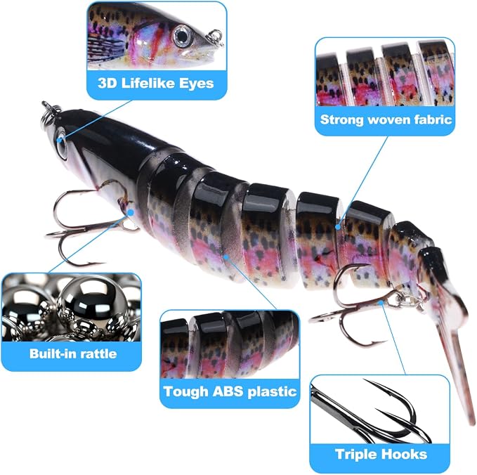 Bass Fishing Lures, Jointed Swimbait Glide Bait for Bass, Trout & Pike – Lifelike Fishing Lure with 3D Eyes, Built-in Rattle Chamber, Triple Hook – Realistic Fishing Lures for Freshwater & Saltwater