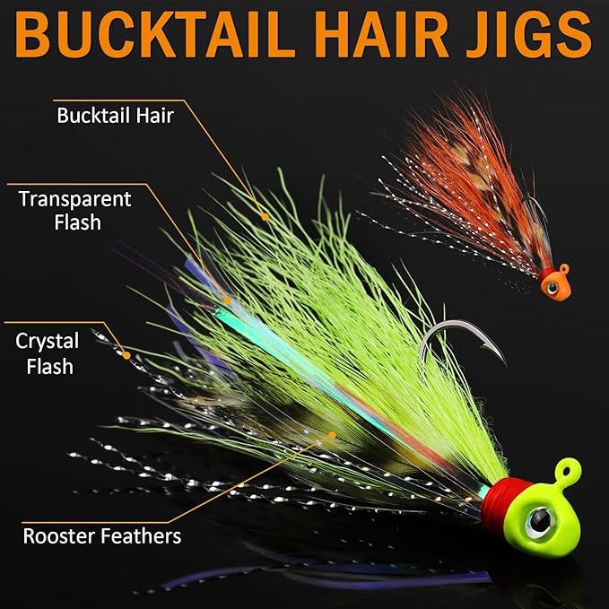 Dovesun Crappie Jigs, 40pcs Hand-Tied Hair Jigs 10 Colors Fishing Jigs 1/32oz 1/16oz 1/8oz Bucktail Crappie Jig Heads for Trout, Walleye and Panfish Fishing
