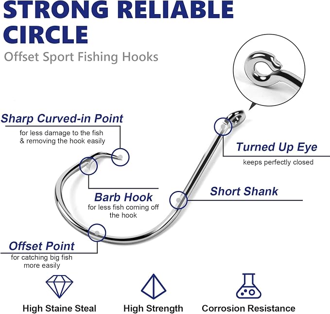 UCEC Circle Hooks Fishing Hooks 2X Strong Offset Circle Hooks Saltwater Black High Carbon Steel Octopus Catfish Fishing Hooks Fishing Gear Tackle 150pcs/ 240pcs - Size:#1 1/0 2/0 3/0 4/0 5/0 6/0 8/0