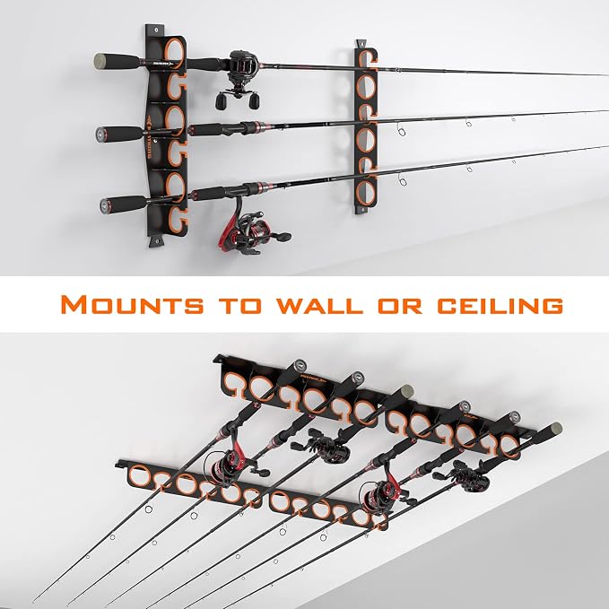 KastKing SafeGuard Fishing Rod Holder for Garage, Wall or Ceiling Mounted Fishing Rod Rack Storage Organizer, Fishing Pole Holder Holds 12 Rods or Combos in Less Than 36 Inches