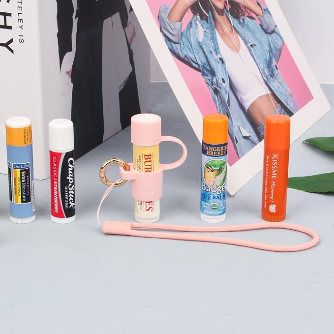 Silicone Chapstick Holder with Cap Cover, 0.6'' Diameter Portable Lip Balm Holder Key Chain Sleeve Chapstick Keychain Holder with Wrist Strap Lanyard - Pink