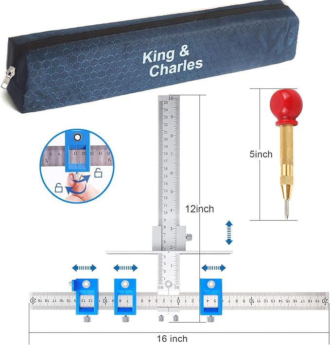 King&Charles Cabinet Hardware Jig, Metal Cabinet Handle Jig with Automatic Center Punch, Perfect Set - Avoid Jitter Caused by Direct Drilling, Use for Handles and Pulls on Drawers/Doors.