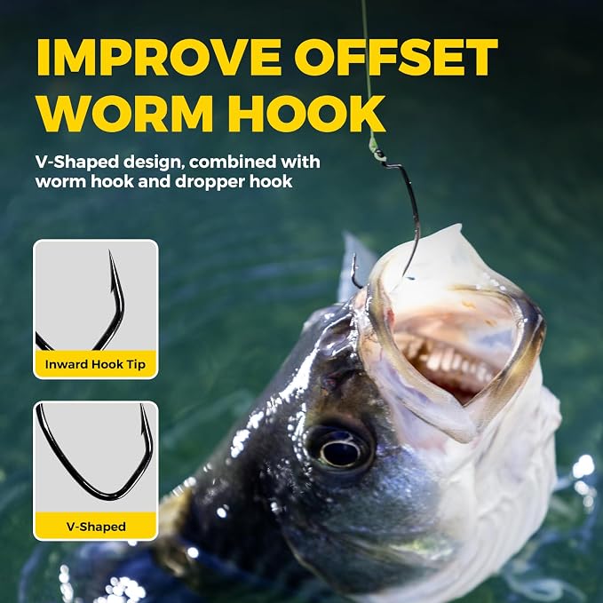 Drop Shot Hooks, 100pcs Improve EWG Worm Hooks, Bass Fishing Hooks for Freshwater and Saltwater, High Carbon Steel Texas Rig Hooks with Portable Plastic Box, Black