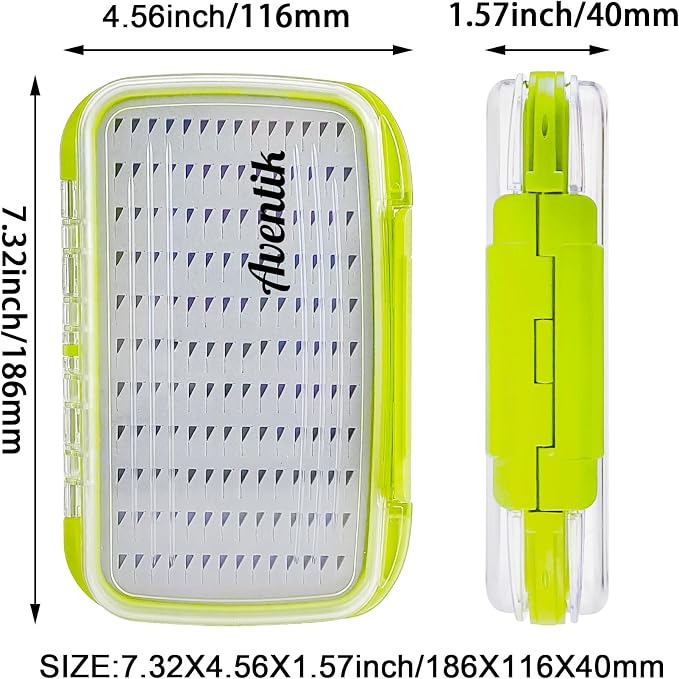 Aventik Waterproof Clear Fly Box Double Sides Floating Lightweight Fly Fishing Case Large Capacity Grip Foam Nymph Wet Dry Flies Lure Box(H18 Green, SIZE C:7.32X4.56X1.57inch)