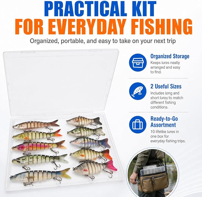 SANWEAL 6PCS Multi Jointed Fishing Lures Kit, 2 Size Slow Sinking Swimbait Hard Baits with 3D Eyes and Treble Hooks, Segmented Baitfish Artificial Fishing Bait for Bass Trout Freshwater Saltwater