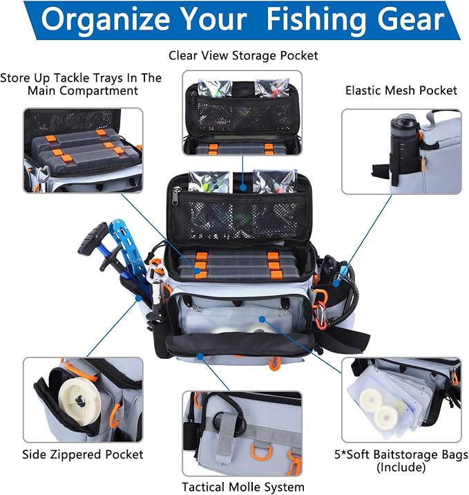 Fishing Tackle Bags with Tackle Box,Waterproof,Padded Shoulder Strap,Gear Storage,Fish Bag with 136 Pcs Fishing Lures Kit,Fish Hook Remover Tool,Fish Lip Gripper,Fishing Plier,Gifts for Men (Gray)