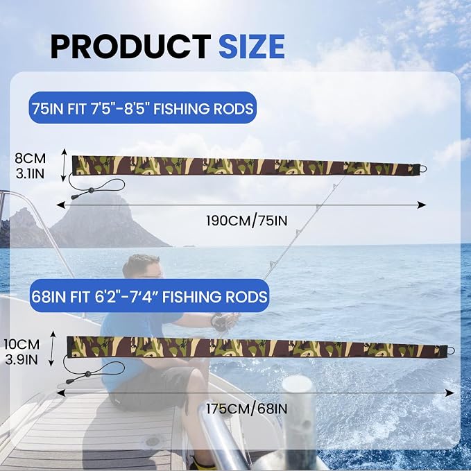 Neoprene Camo Fishing Rod Sleeves,Fishing Pole Sleeves,Fishing Rod Socks | UV Resistance,Puncture Resistant, Protect Casting, Spinning, Trolling Fishing Rods, Storage, tangled-free,75in,68in,60in