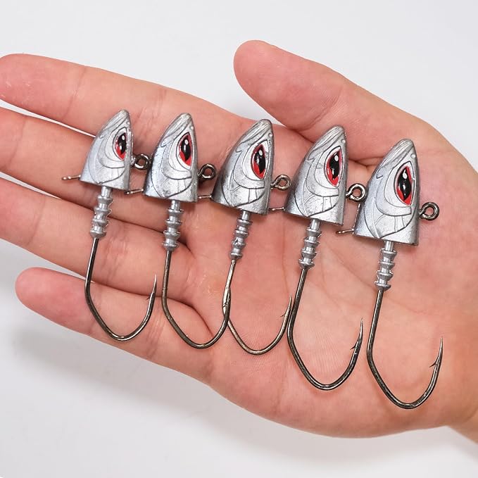 Saltwater Jig Heads 10 Pack, 3D Red Eyes with Bait Keeper & Belly Trailer Hole, 3/4oz to 1-3/4oz, 6/0 & 8/0 Hooks for Inshore Offshore Saltwater Fishing