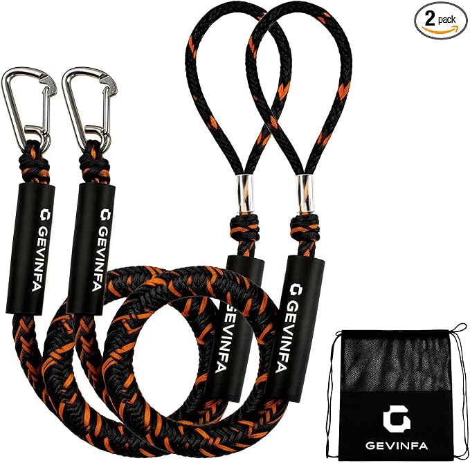 Bungee Dock Lines for Boats 4.3 Ft Stretch to 5.6 Ft, 2 Pack Marine Grade Bungee Cords with 316 SS Clips and EVA Floating Sleeve for Jet Ski Kayak Pontoon Boat Accessories (Black+Orange)