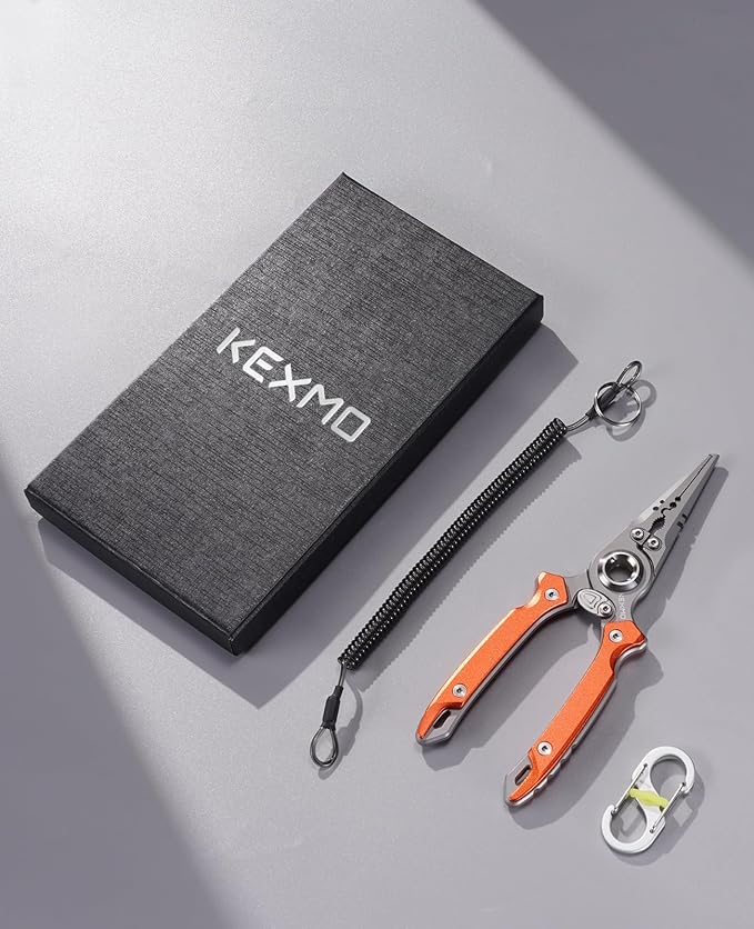 KEXMO 17-4 Stainless Steel Fishing Pliers, Anti-Twist Saltwater Hook Remover Tool, 7.17" Split Ring Pliers with Tungsten Cutters, Lightweight Aluminum Scales, Luminous Locking S-Carabiner