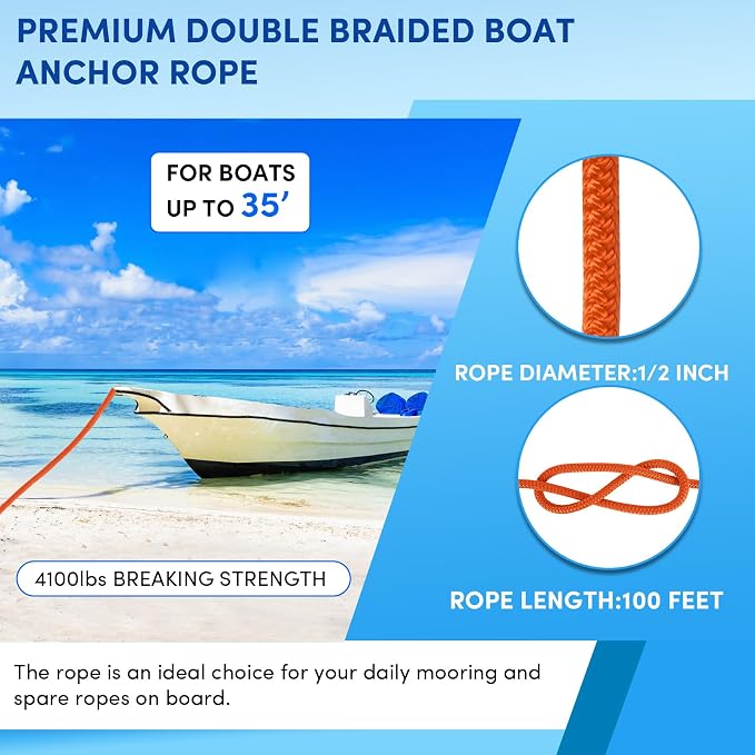 Boat Anchor Rope 100 ft x 1/2 inch Orange, Double Braided Anchor Line with Stainless Steel Thimble & Shackle, Marine Rope Ideal for Towing,Mooring,Decks,Anchoring,for Boats Up to 35'