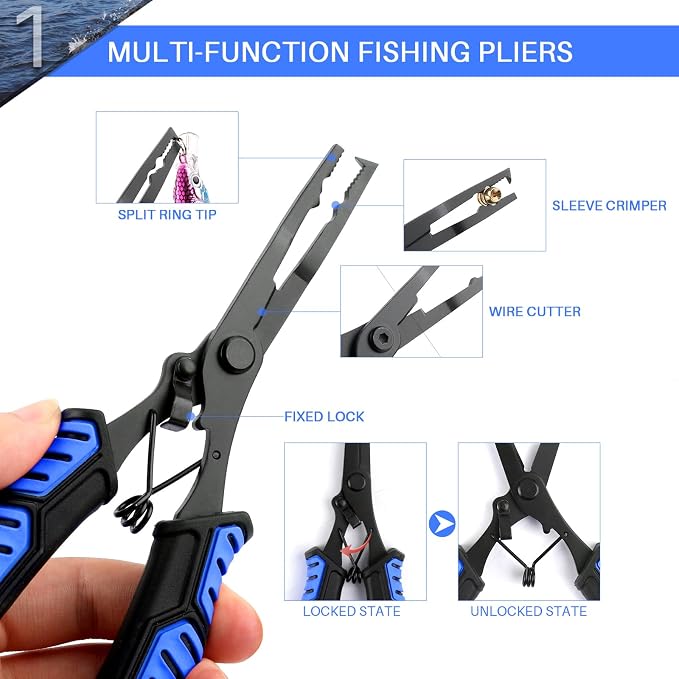 mouhike Fishing Pliers Fish Lip Gripper Fishing Tool Kit Muti-Function Saltwater Fishing Line Cutter Hook Remover with Sheath Lanyard, Fly Ice Fishing Gear Fishing Gifts for Men Women
