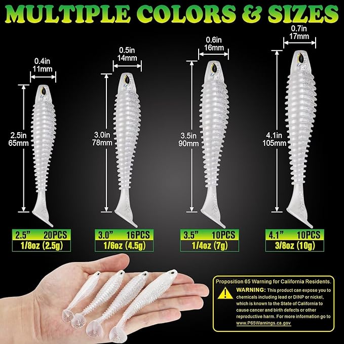 LUCKYFISHING Paddle Tail Swimbaits 10/16/20 PCS Fishing Lures Soft Plastic Lures for Trout Crappie Walleye Soft Baits for Bass Fishing Freshwater Saltwater 4.1/3.5/3/2.5 Inch