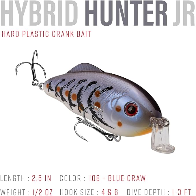 Strike King Hybrid Hunter Shallow Jr. Fishing Lure, Shallow Diving Crankbait, 90-Degree Bill, 3D Eyes, Loud Rattle, Dives 1 to 3-Feet,Size 4 & 6 Treble Hooks