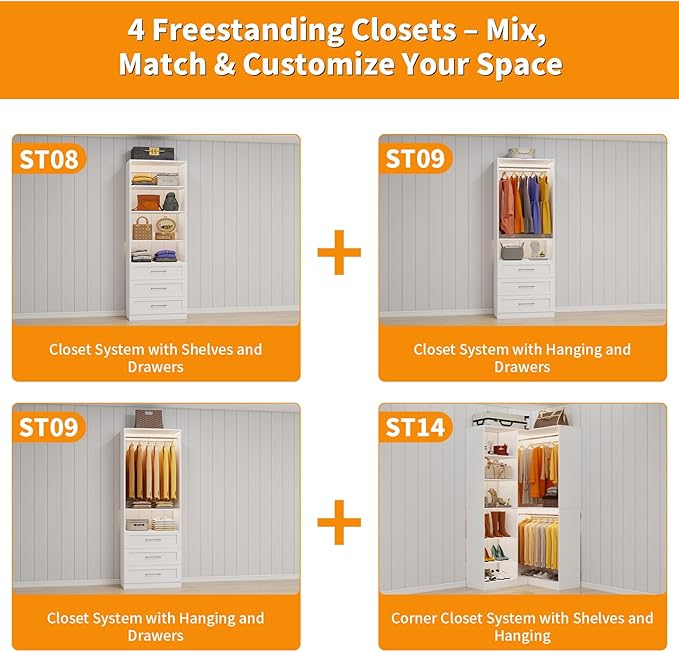 Closet System with 4 Sets, 8.5FT-21.5FT Corner Closet Organizer System with 9 Drawers & 12 Shelves & 8 Hanging Rods, L-Shaped Modular Closet System adjustable for Freestanding or Walk-in Closet, White