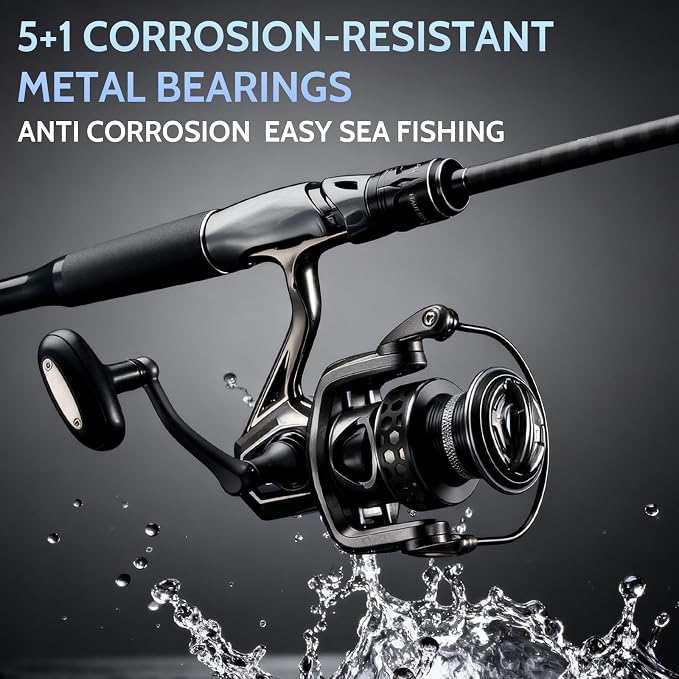 AG Spinning Reel, Freshwater and Saltwater Spinning Fishing Reels, 5+1BB, 22LBs Max Drag, 5.2 Gear Ratios, CNC Aluminum Spool & Handle