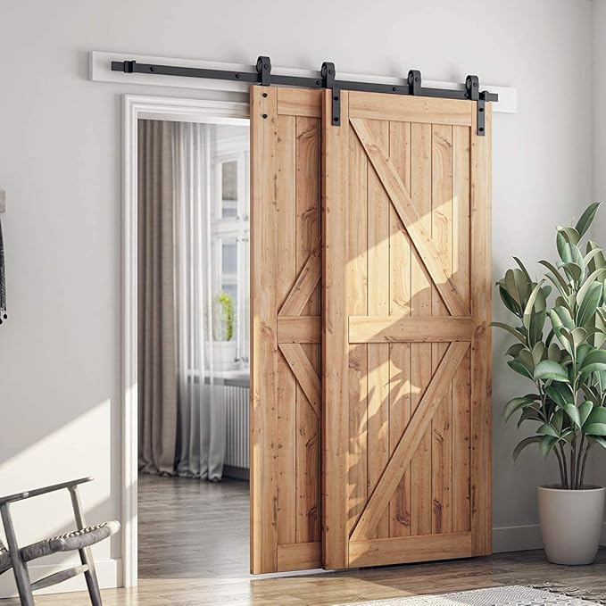 SMARTSTANDARD 6.6 Feet Bypass Sliding Barn Door Hardware Kit - for Double Wooden Doors-Single Track - Smoothly & Quietly - Easy to Install-Fit 67" Opening