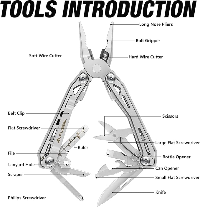 FLISSA 16-in-1 Stainless Steel Multi Tool, Gifts for Men Dad, EDC Multitool with Pocket Knife, Pliers, Belt Clip and Oxford Sheath, Self-locking Utility Multi-Tool for Camping Survival Outdoor