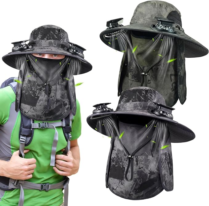 Glitopper 2 Pcs Solar Fan Hat with 2 Fan Wide Brim Removable Face Cover Cooling Fishing Buckets Hats