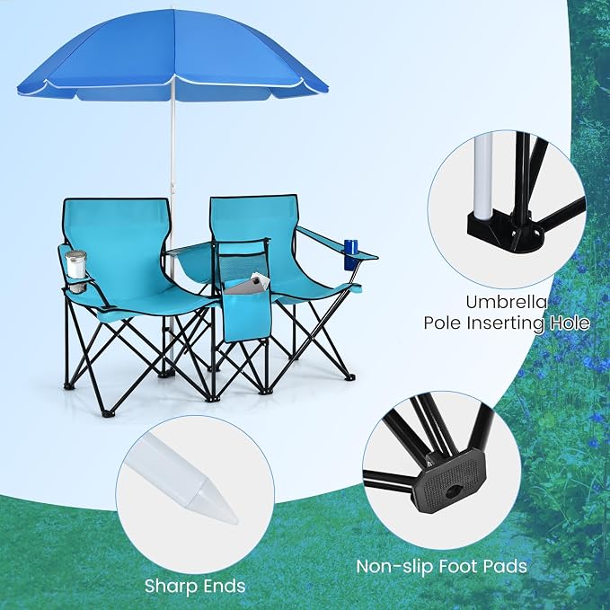 Tangkula Double Camping Chairs with Umbrella, Portable 2 Seat Folding Camp Chair with Cooler Bag, Beverage Holder, Carrying Bag, Foldable Lawn Chair for Outside, Fishing, Picnic, Beach