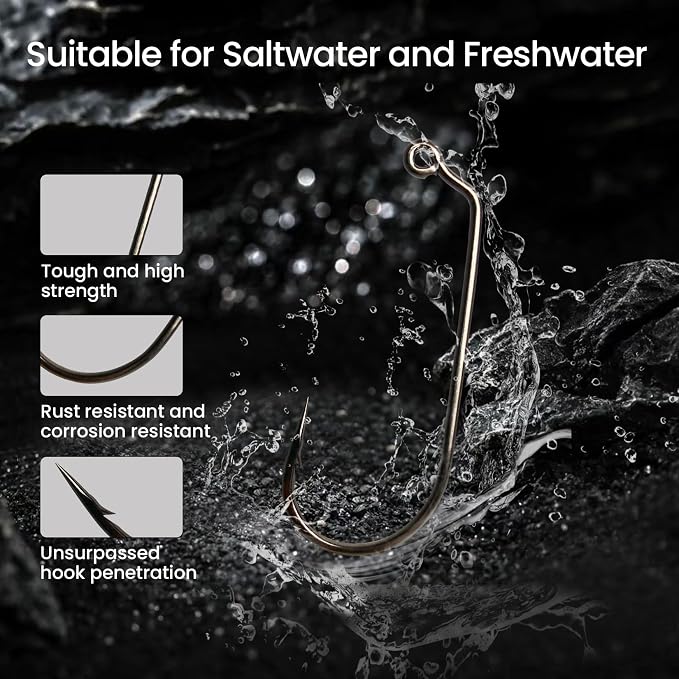 Pristis 25 Pack High Carbon Steel Fishing Hooks, Reinforced EWG Circle Octopus Round Bend 60 Degree Wide Gap Strong Barbed Worm Fish Hook Jig Bait Rig for Saltwater Freshwater Bass Tuna Walleye Trout