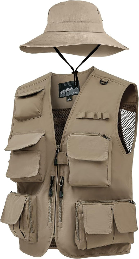Shihanee 2 Pcs Men's Fishing Vest Sun Hat Multi Pocket Safari Vest for Outdoor Hiking Summer Travel