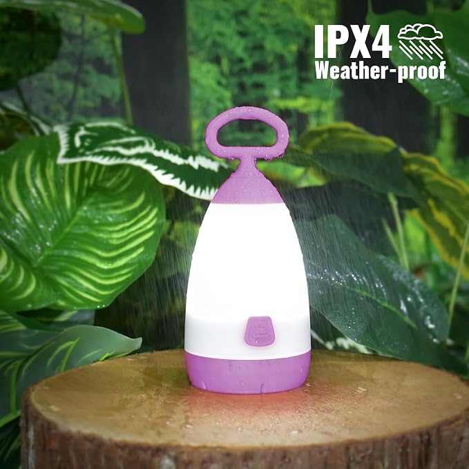 2-Pack Kids Camping Lantern & Night Light, Battery Powered, 360° Eye-Safe Light, IPX4 Waterproof RGB Portable for Slumber Party (Purple & Green, 6× AAA Included)