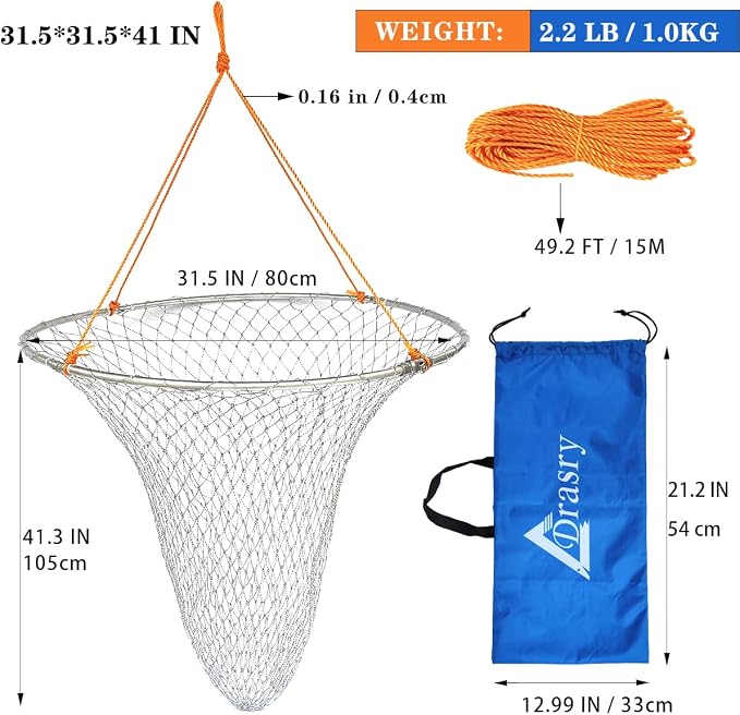 Drasry Foldable Bridge and Pier Fishing Landing Net - High Load-Bearing Aluminum Ring Drop Net for Saltwater Freshwater - Collapsible Basket With 49.2 FT Rope