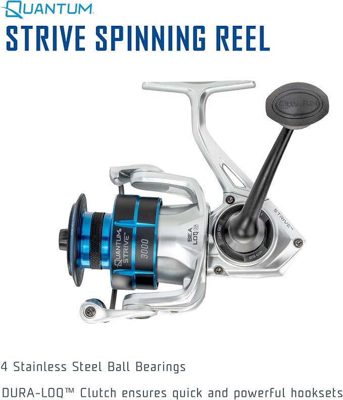 Quantum Strive Spinning Fishing Reel, Rigid Aluminum Frame, Graphite Rotor, Sealed Design, CFX200 Carbon Fiber Xtreme Drag, Silver/Blue