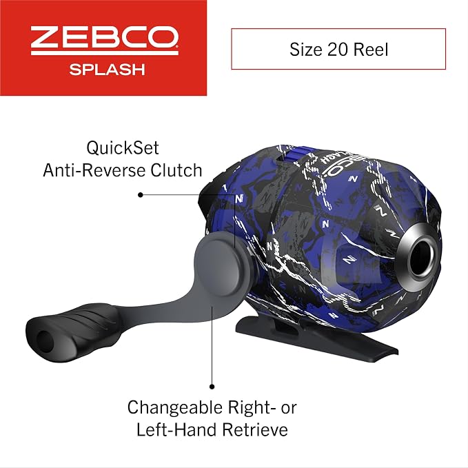 Zebco Splash Spincast Reel and Fishing Rod Combo, Fiberglass Rod, Ball Bearing System, All Metal Gears, 8-Pound Line