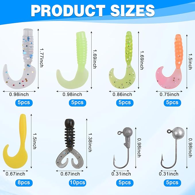 Grub Lures Fishing Jigs Head Hooks Kit- Crappie Jigs Soft Plastic Grub Tail Worm Lure Bait Buster Tubes Baits for Bass Trout Saltwater Freshwater Fishing