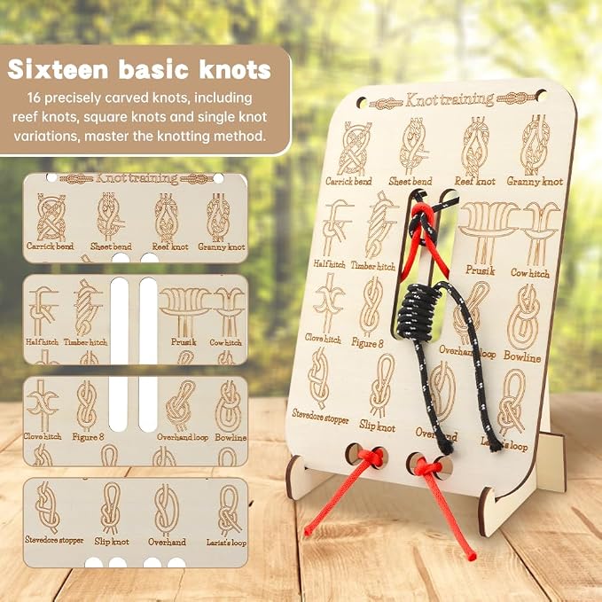 Learn Knot Training Board, 16 Knotting Methods for Beginners, Portable Knot Tying Book for Fishing, Backpacking, Hiking, Outdoor Survival, Camping, Knot-Tying-kit