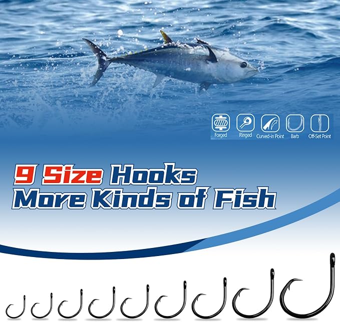 Circle Hooks Saltwater in-Line Wide Gap Fishing Hooks for Catfish 4X Strong High Carbon Steel Mustad Hooks for Tuna, Carp, Catfish,【1,1/0,2/0,3/0,4/0,5/0,6/0】-20pcs,【8/0】-12pcs,【10/0】-8pcs