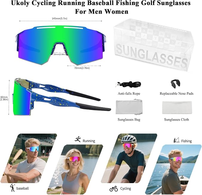 Ukoly Cycling Sunglasses for Men Women with 3 Interchangeable Lenses, Polarized Sports Sunglasses, Baseball Sunglasses